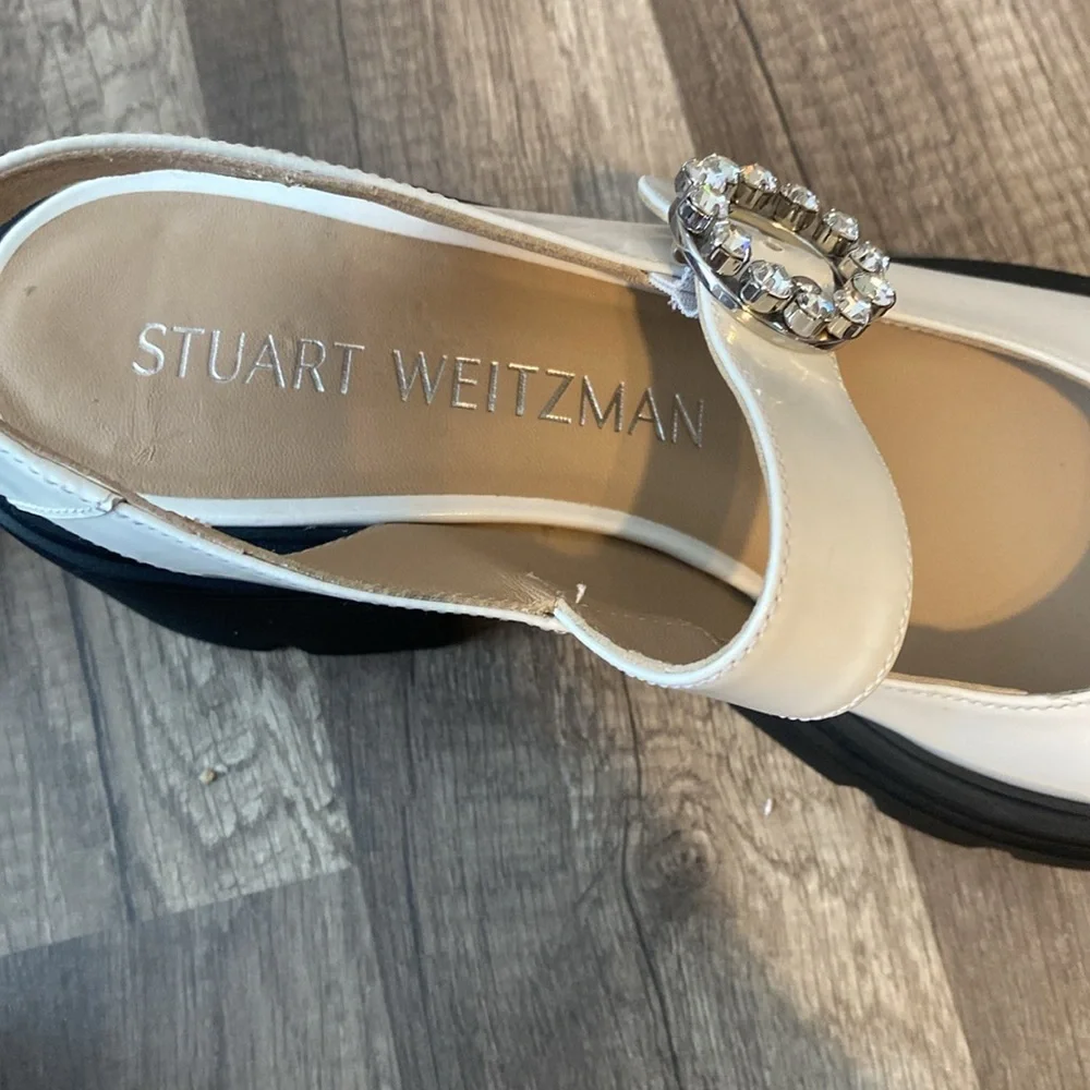 Stuart Weitzman White Mary Jane Platform Shoes with Black Lug Sole